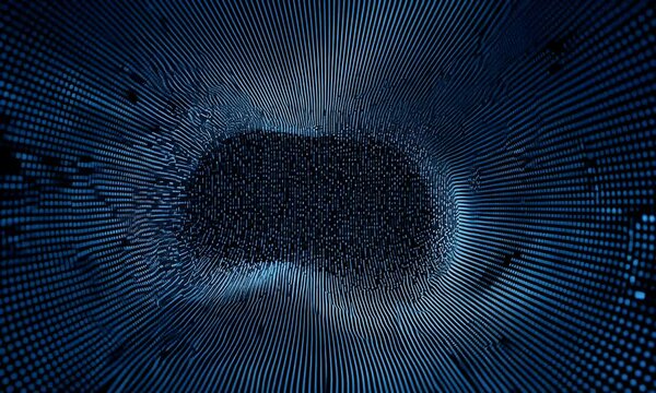 Digital background featuring blue and white binary code, representing data flow or information technology in an abstract digital tunnel with light rays