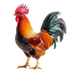 Fototapeta premium larfge red rooster side view, vivid feathers, isolated on transparent background, cut out, no shadow, standing proudly