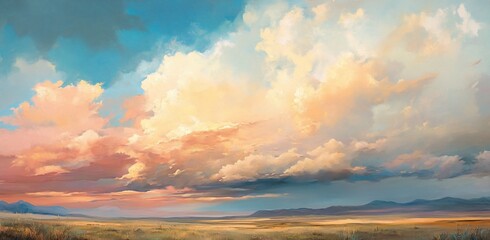Dramatic sunset over a vast, flat landscape with fluffy clouds.