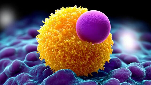 Immune system cells interacting, close-up view of a T cell attacking a cancer cell on a surface, purple and yellow hues, detailed rendering