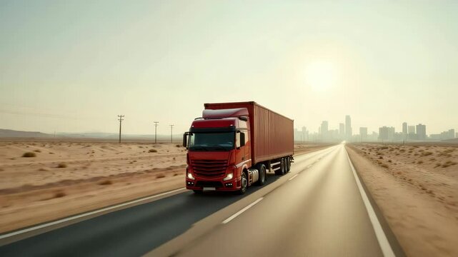 A red truck drives down a deserted highway under a bright sun, showcasing the essence of long-distance transport.