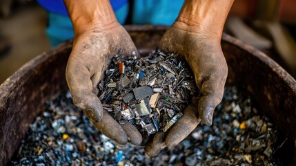 Hands Holding Recycled Metal Scrap in Industrial Setting