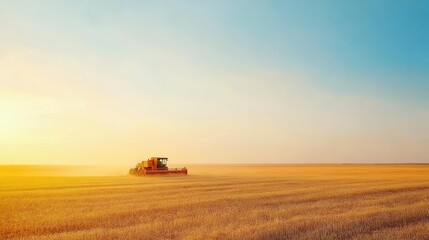 Harvesting Machinery in Golden Field at Sunrise with Clear Sky