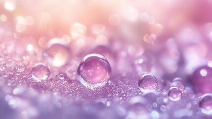 Close-up of dew drops on a petal, pastel colors, soft light.