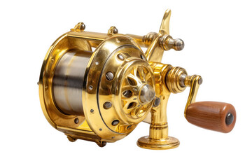 Ornate Gold Fishing Reel with Wooden Handle on Transparent Background