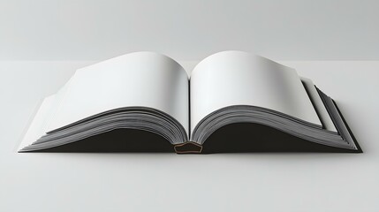 Open blank book with white pages lying flat on a gray surface, ready for customization, mock-up presentation for writing or design