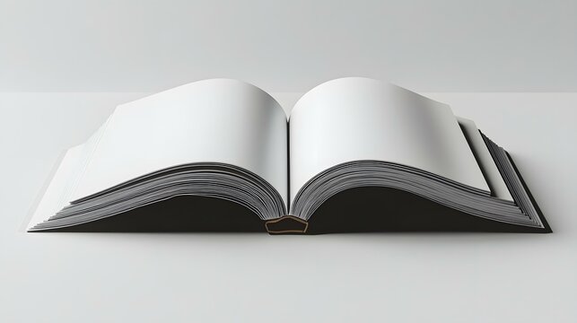 Open blank book with white pages lying flat on a gray surface, ready for customization, mock-up presentation for writing or design