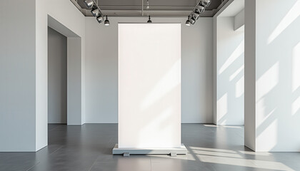 Vertical banner mockup. Blank vertical event banner in modern gallery hall with natural light, soft shadows, and clean decor for advertising exhibitions and cultural events