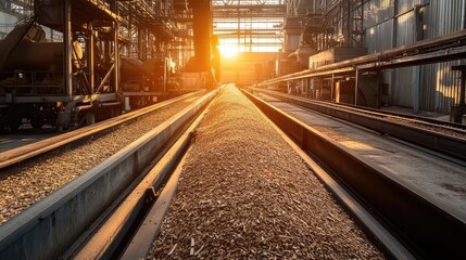 Obraz premium Sunlight shining on outdoor conveyor belts filled with wood chips at an industrial yard