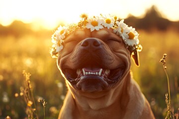 Warm season happiness. Golden hour in sunset. Cute adult dog bullmastiff wearing feral flower circlet on its head. Floral aesthetics for dogs. Cute pup with a flower crown. Summer joy for pet.