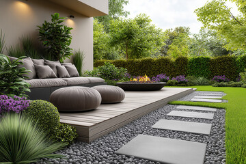 Coin de jardin cosy avec brasero au centre d&rsquo;une terrasse en bois, canap&eacute; d&rsquo;angle confortable, verdure dense et ambiance chaleureuse en fin de journ&eacute;e