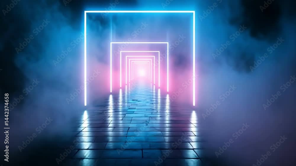 Aufkleber vibrant corridor with neon lights and fog creates surreal atmosphere, enhancing visual depth and int