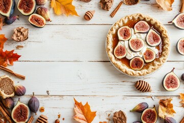 Autumn fig tart with walnuts, honey, and cinnamon on white wood.