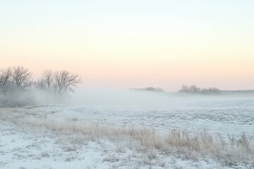 Lone Horse Grazing on Snowy Rolling Hills in Morning Fog Under Pastel Sky