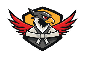Obraz premium Modern stylized logo featuring a hawk wearing a martial arts uniform with bold red wings. Ideal for branding sports teams, martial arts clubs, or adventure groups.