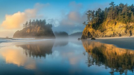 Islands and beach reflected in calm waters during a sunny morning