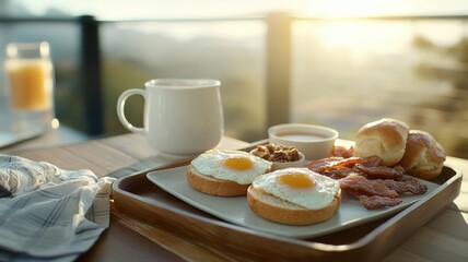 Breakfast with Sunlight: Eggs, Bacon, and Rolls on Balcony breakfast sunny morning sunrise balcony