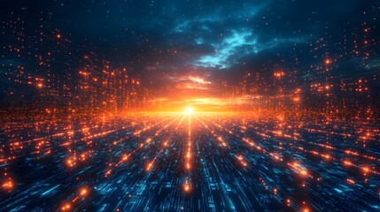 Fototapeta premium Horizon of Data Points Under Starry Night Sky: Network Connection and Digital Transmission with Futuristic Feel