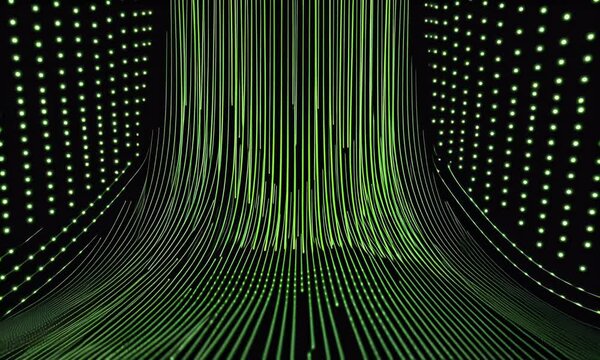 3D rendering of green wavy lines with dots on a black background, with light and shadow effects, in a high-tech style, a digital technology 