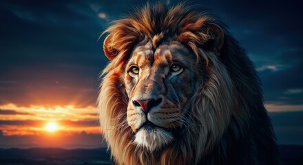 Naklejka premium Majestic Lion at Sunset: A Symbol of Power and Majesty