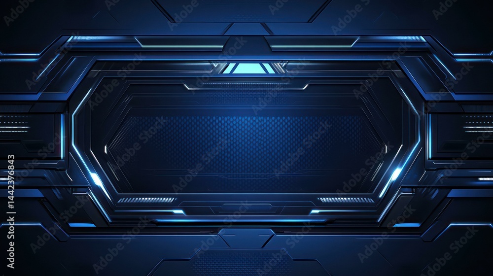 Poster abstract technology displays metallic frame, shows modern sci-fi design with geometric pattern.