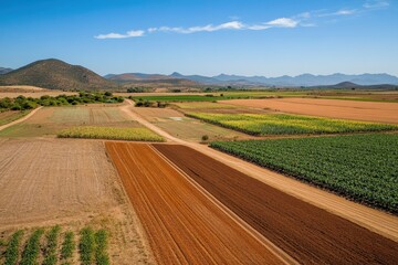 Obraz premium Curving Dirt Road Through Vibrant Summer Fields and Distant Mountains