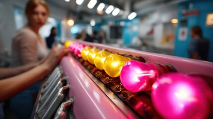 Retro amusement park game with colorful glowing light bulbs and blurred background adults and children
