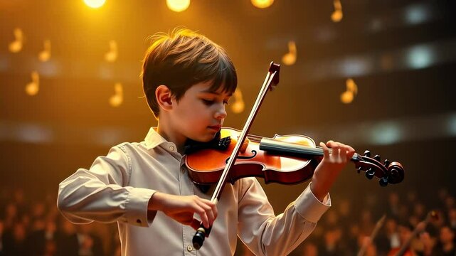 Master Children, talented violinist, youthful performer. Musical prodigy. Young violinists captivate large audiences. Intense practice improves performance skills. Concert experience enhances stage