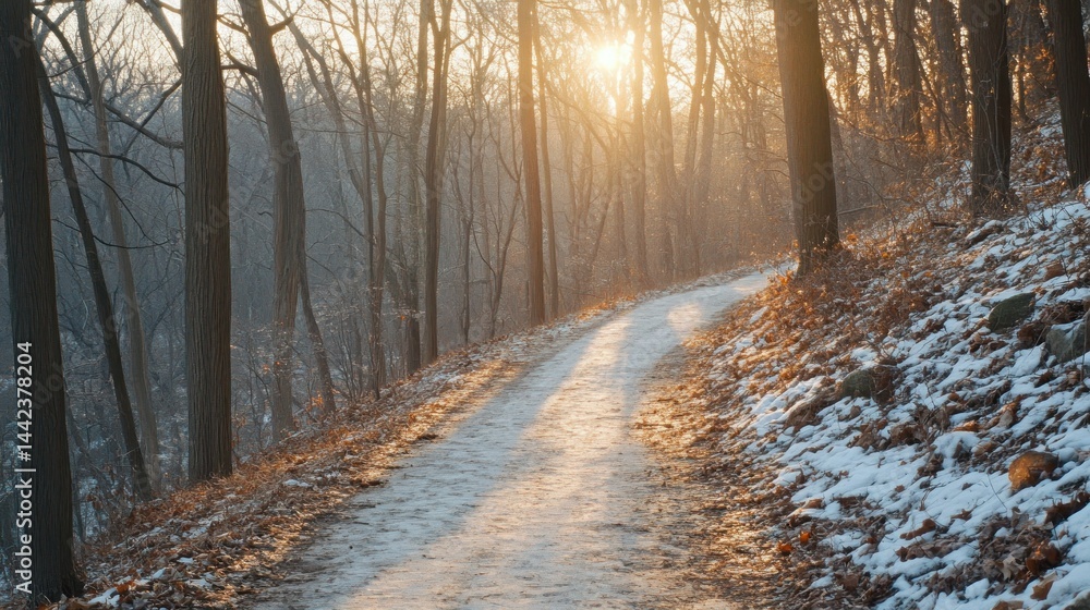 Poster sunlight shines through winter trees on a path covered in snow