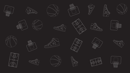 Seamless Basketball Pattern with White Outline Sport Icons on Black Background for Athletic Design
