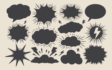 Comic burst explosion vector comic boom elements and speech bubbles in black silhouettes Ideal for comic designs pop art and retro style