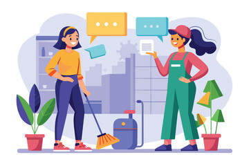 Illustration of two women chatting while cleaning together. They share a friendly conversation surrounded by plants, emphasizing teamwork and communication in a casual environment.
