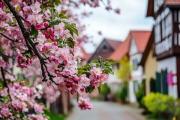 Blossoming Apple Orchards Surrounding Traditional Half-Timbered Village Houses in Spring