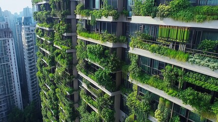 Fototapeta premium Sustainable urban living vertical gardens in modern architecture cityscape photography aerial view eco-friendly design