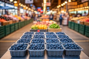 Boxes of fresh blueberries at a market.