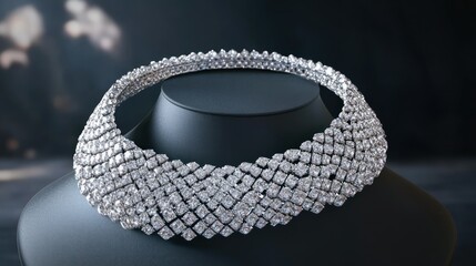 Fototapeta premium A sparkling diamond necklace displayed on a black presentation bust