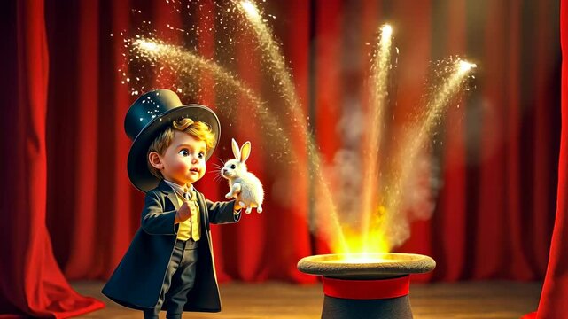 Master Children, magical performance, young magician. Show creativity. Child presents astounding rabbit trick. Magic hat hosts white bunny. Audience experiences delightful enchantment.