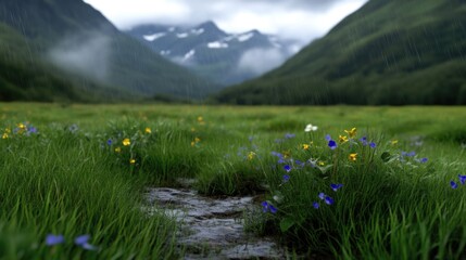 Lush meadow with wildflowers, a gentle stream, and misty mountains