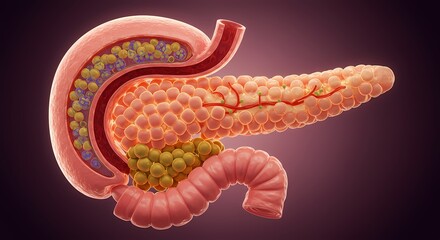 Human Pancreas Anatomy Illustration Depicting Structure and Function with Duodenum