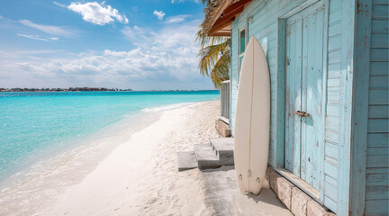 Obraz premium surfboard leaning against a blue beach hut on a white sand beach with turquoise water and blue sky. Summer vacation concept with copy space 