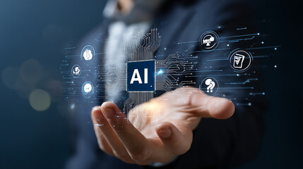 Businessman holding an artificial intelligence chip with the text "AI" in his hand, surrounded by cloud technology icons. The background is dark blue, emphasizing the elements of artificial intelligen
