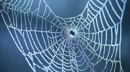 A delicate spider web adorned with glistening water droplets is shown
