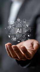 Businessman holding an artificial intelligence chip with the text "AI" in his hand, surrounded by cloud technology icons. The background is dark blue, emphasizing the elements of artificial intelligen