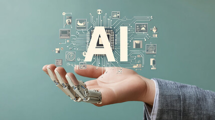 Businessman holding an artificial intelligence chip with the text "AI" in his hand, surrounded by cloud technology icons. The background is dark blue, emphasizing the elements of artificial intelligen