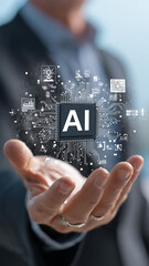 Businessman holding an artificial intelligence chip with the text "AI" in his hand, surrounded by cloud technology icons. The background is dark blue, emphasizing the elements of artificial intelligen