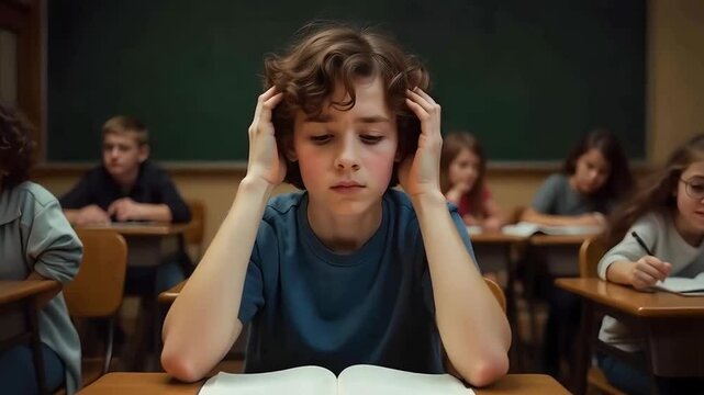 Boy student struggles with a subject at school and puts his head in his hands at his desk