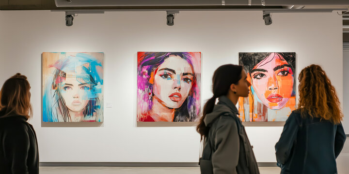 Visitors admiring colorful portraits in modern art gallery