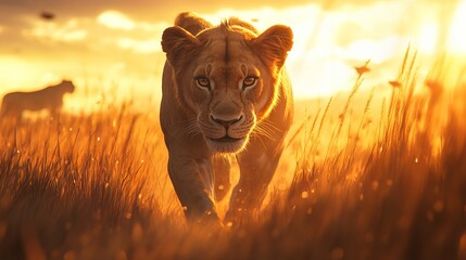 A fierce lioness walks confidently through golden grass at sunset, embodying strength and beauty in nature.