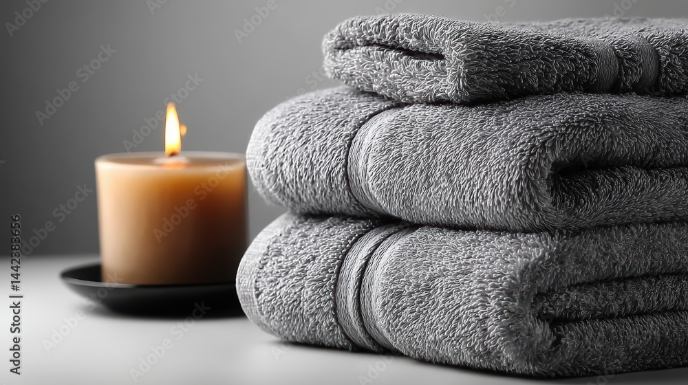 Poster a stack of neatly folded towels with a candle beside it on a white isolated background, relaxing and