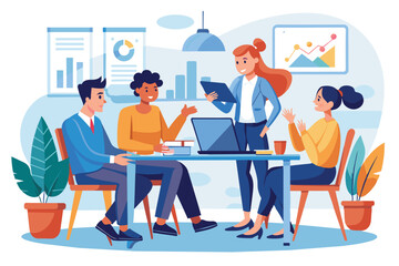 A diverse group of professionals engaged in a collaborative meeting within a modern office. Charts and plants add to a lively and productive work atmosphere.